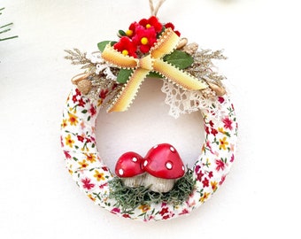 Mushroom Ornament - Christmas Tree Ornament - Mini Wreath -  Secret Santa Present - Cottage Christmas Decor