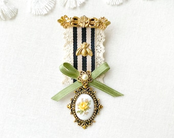 Lapel Pin Brooch - Ribbon Medallion with Floral Cameo Pendant - Unique Boutonnieres