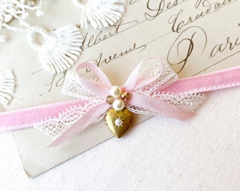 Coquette Pink Choker with Heart Pearl Locket -  Velvet Ribbon Necklace with Lace Bow