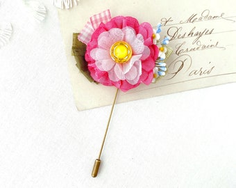 Fabric Flower Stick Pin Brooch for Lapels or Hats - Floral Pink Boutonniere