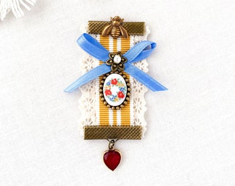 Cute Pins -  Ribbon Brooch with Colorful Floral Cameo Charm