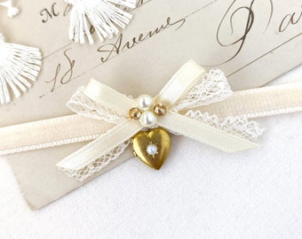 Gold Pearl Heart Locket Necklace with Vintage Lace Bow