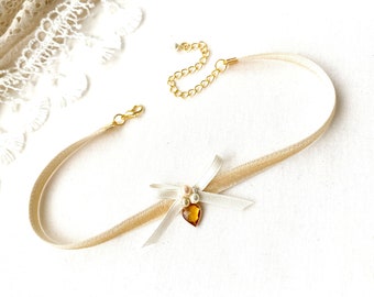 Velvet Ribbon Choker with Yellow Heart Charm - Necklace with Bow - Topaz Birthstone Jewelry
