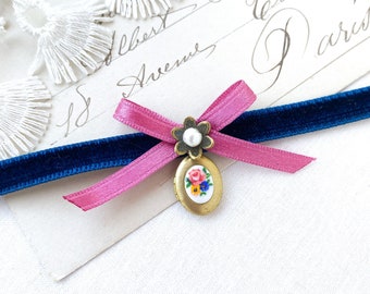 Dainty Locket Necklace - Blue Velvet Ribbon Choker Necklace with Hot Pink Bow