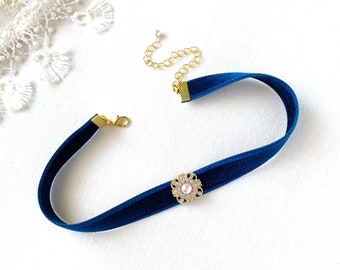 Blue Velvet Ribbon Choker Necklace with Pearl Rhinestone Jewel - Elegant Prom Wedding Jewelry