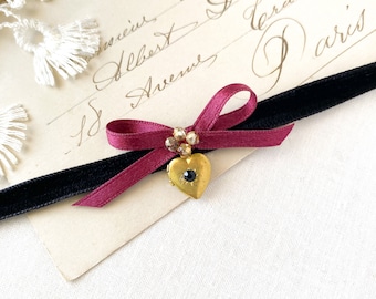 Heart Shaped Locket - Black Ribbon Choker Necklace with Burgundy Bow