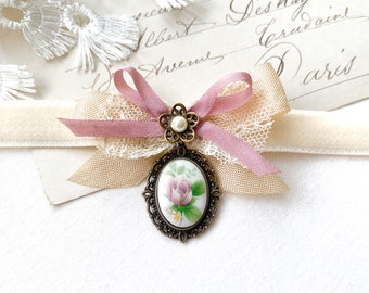 Ribbon Bow Choker Necklace with Pink Rose Cameo Pendant