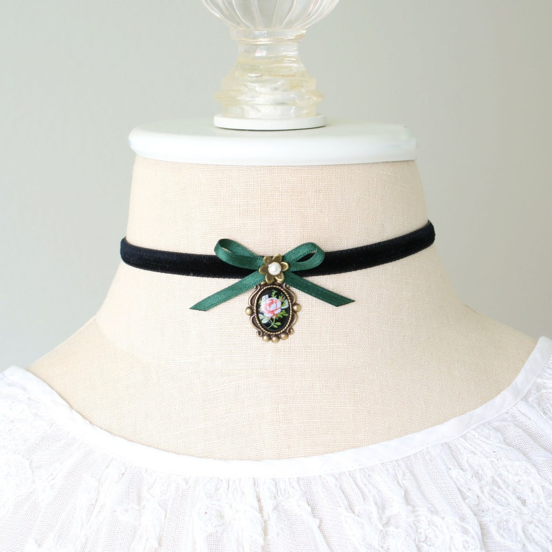 Thin Black Velvet Ribbon Bow Choker Necklace With Pink Rose Cameo ...