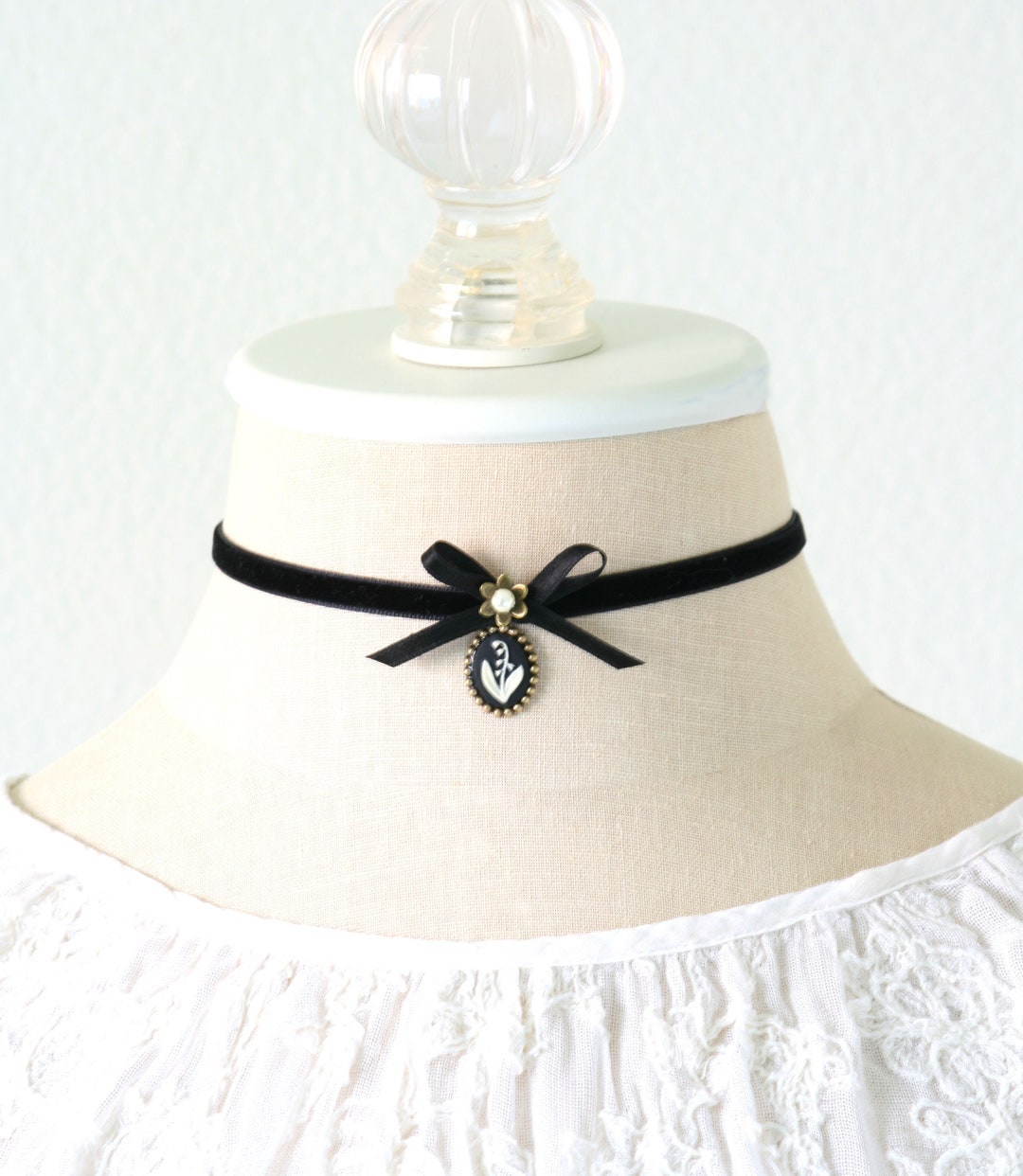 Thin Black Velvet Ribbon Bow Choker Lily of the Valley Flower Necklace