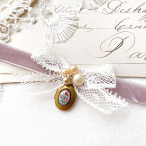 Cameo Locket Necklace with Velvet Ribbon, Vintage Lace and Pearls