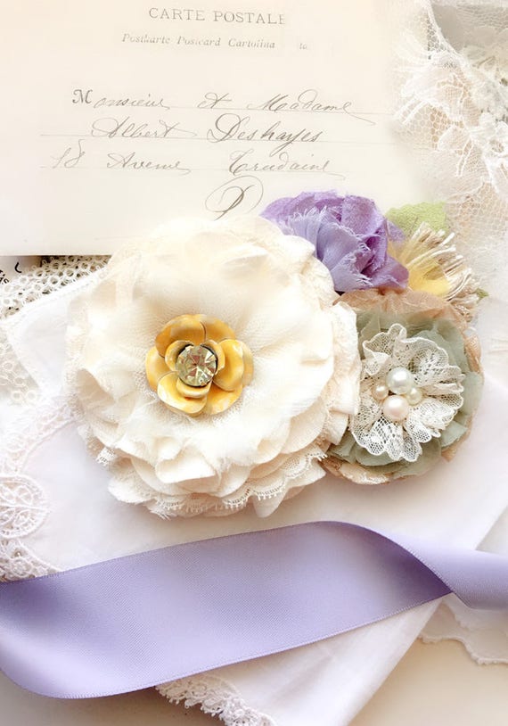 Flower Sash For Wedding Dress Lavender Yellow And Ivory Etsy