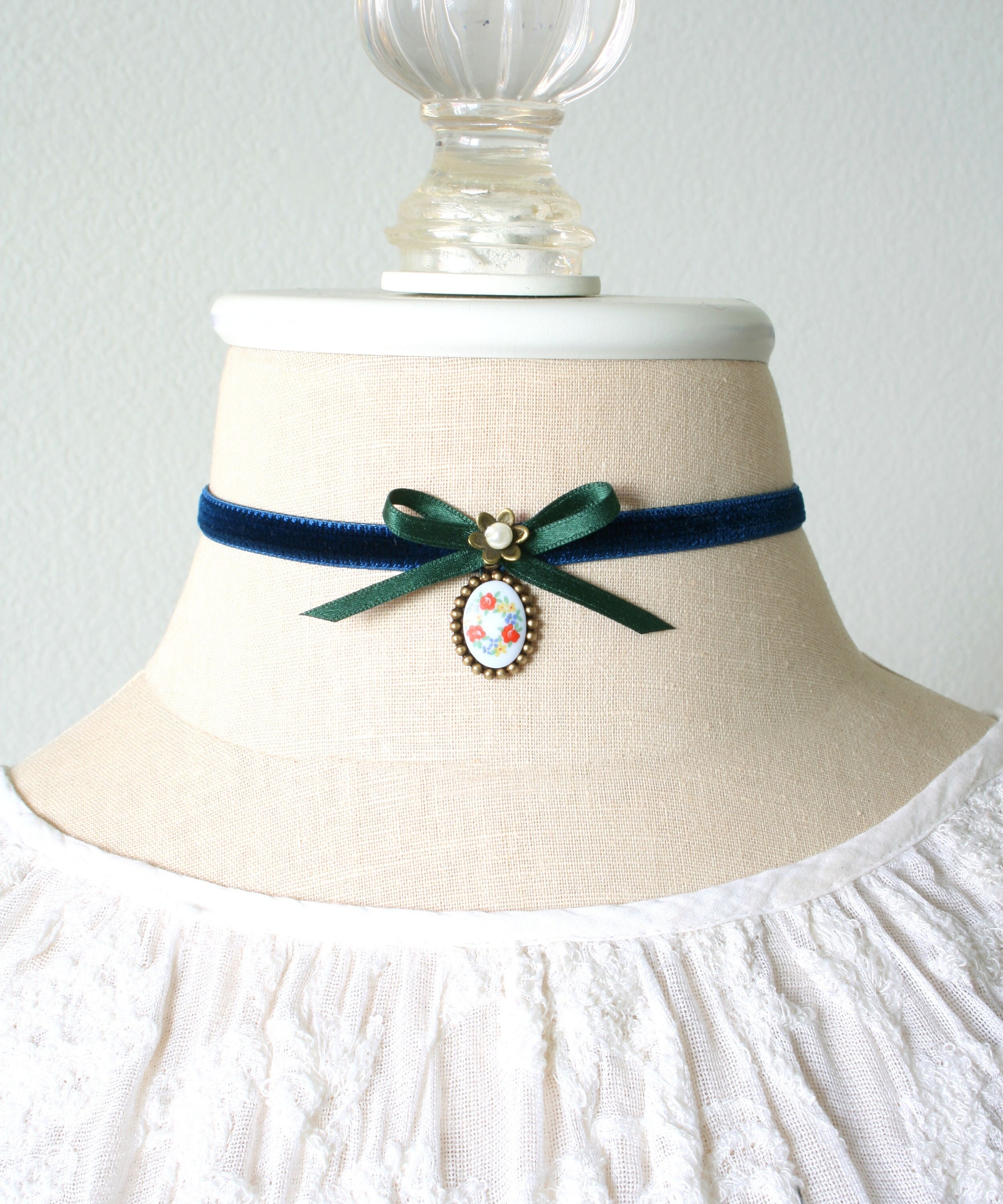 Velvet Ribbon Bow Choker With Colorful Floral Cameo Pendant - Etsy