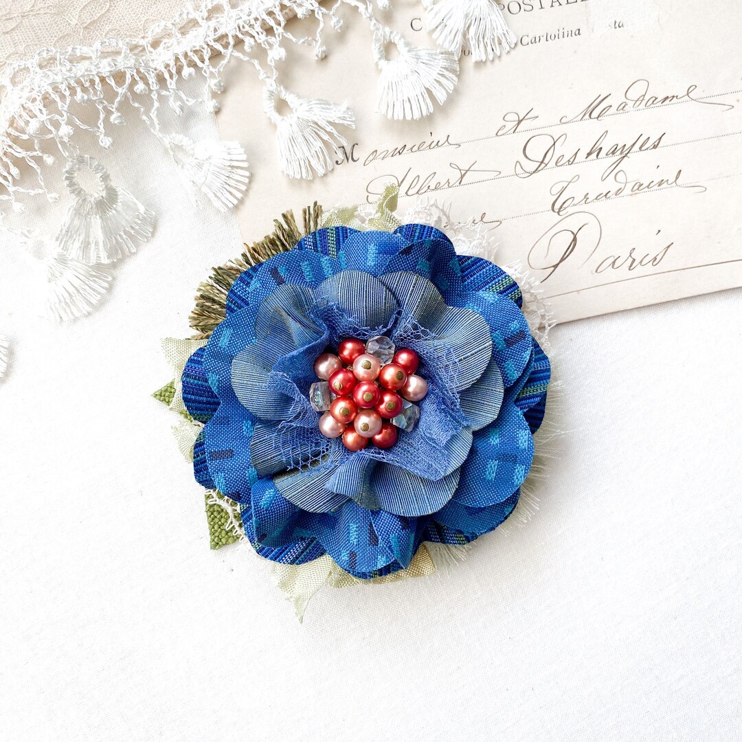 Handmade Blue Fabric Flower Brooch Pin Etsy