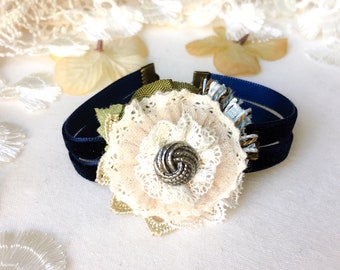 Blue Velvet Bracelet with Lace Flower - Artisan Jewelry for Women - Boho Accessory