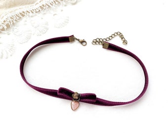 Choker with Pink Heart Charm - Velvet Ribbon Necklace with Bow - Girlfriend Gift - Burgundy Purple Choker - Gift for Daughter