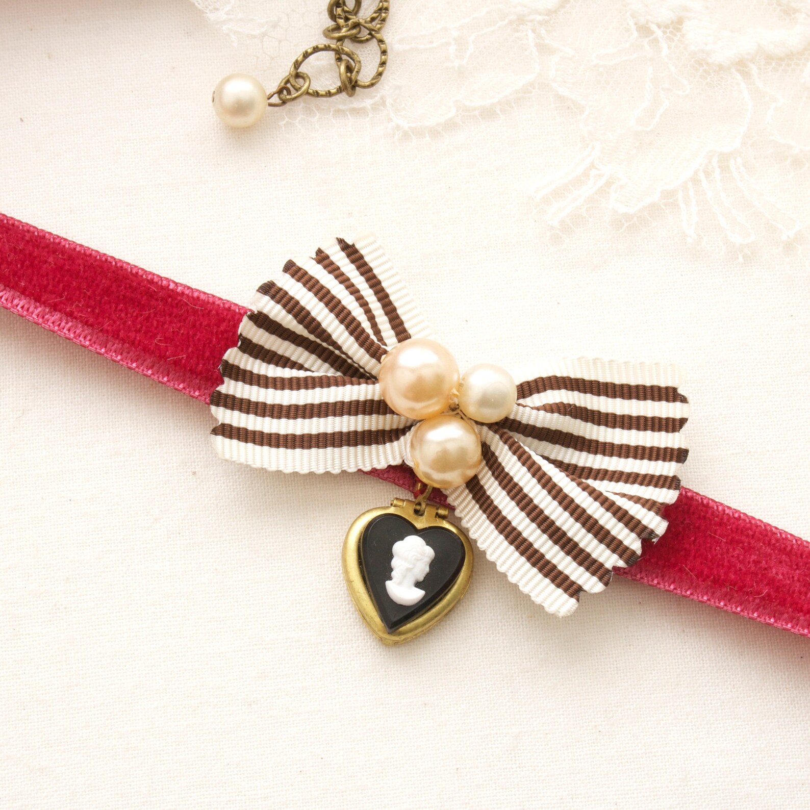Bow Tie Necklace Red Velvet Ribbon Choker Cameo Choker Etsy