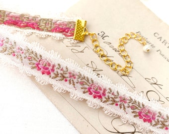 Vintage Ribbon Choker Necklace with Pink Flowers