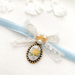 Lace Bow Choker with Yellow Rose Cameo Charm and Pearls - Lolita Bow Necklace - Bridgerton Jewelry