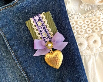 Vintage Ribbon Brooch: Unique Lapel Pin for Jacket,  Boutonniere, Token of Love, Heart Charm