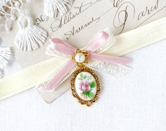 Pink Rose Cameo Pendant Necklace: Velvet Ribbon Bow Choker