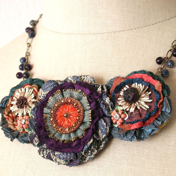 Colorful Fabric Flower Necklace, Teal Blue, Red, Violet Purple, Gold