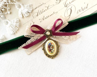 Colorful Floral Cameo Choker Necklace with Silk Lace Bow