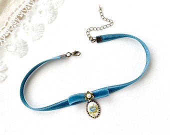 Turqouise Blue Velvet Choker Necklace with Floral Cameo Pendant