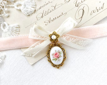Blush Velvet Ribbon Choker with Pink Rose Cameo Pendant