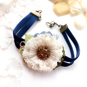 Blue Velvet Bracelet with Lace Flower - Floral Jewelry - Unique Gifts for Women and Girls - Boho Festival Outfit