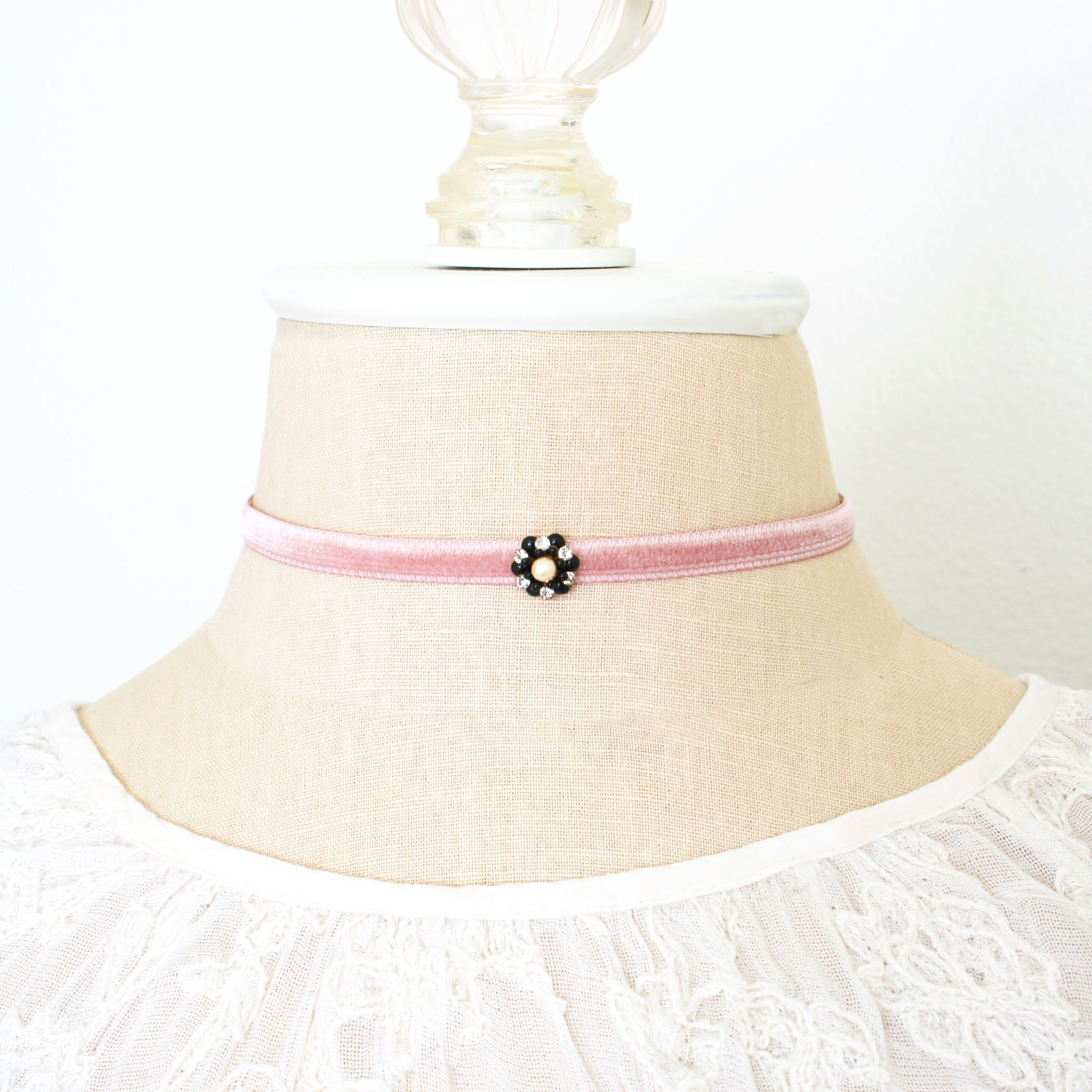 Light Pink Flower Choker Necklace with Black Velvet Ribbon - Cute and  Flirty Vibe