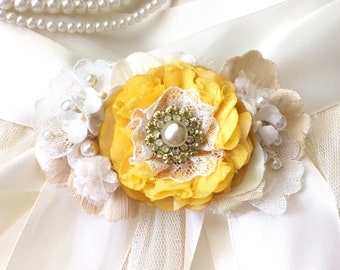 Wedding Sash Belt - Yellow Fabric Flower with Vintage Lace and Pearls