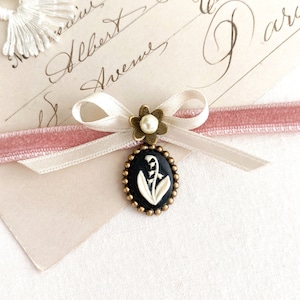 Pink Velvet Choker with Silk Ribbon Bow - Black Lily of the Valley Charm Necklace