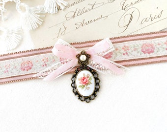 Vintage Ribbon Choker Necklace with Cameo Rose Pendant