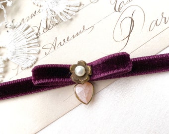 Choker with Heart Charm - Velvet Ribbon Necklace with Bow - Girlfriend Gift - Burgundy Purple Choker - Gift Daughter Teen Girl - Boho Choker