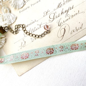 Mint Green Vintage Floral Ribbon Choker - Regency Victorian Style Necklace