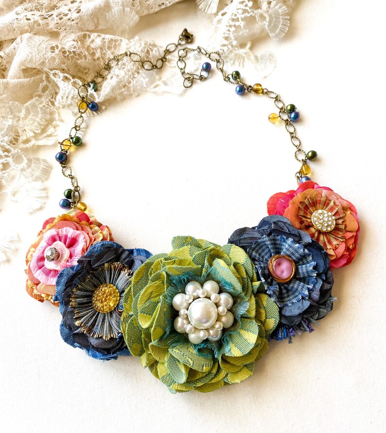 Fabric Flower Necklace Colorful Floral Textile Necklace Etsy