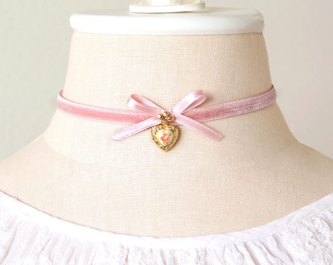 Soft Pink Bow Choker with Floral Heart Locket: Vintage Rose Cameo