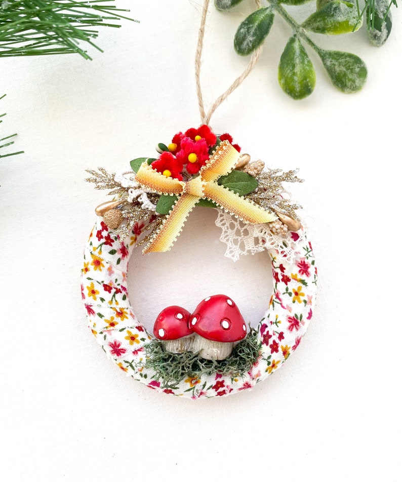 Mushroom Ornament Christmas Tree Ornament Mini Wreath Secret Santa Present Cottage Christmas Decor image 1