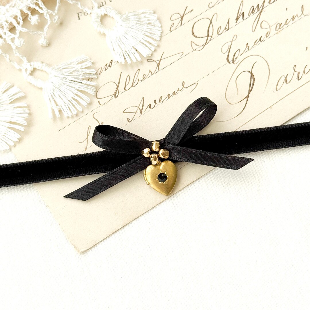 Black Velvet Ribbon Bow Necklace With Dainty Heart Locket - Etsy
