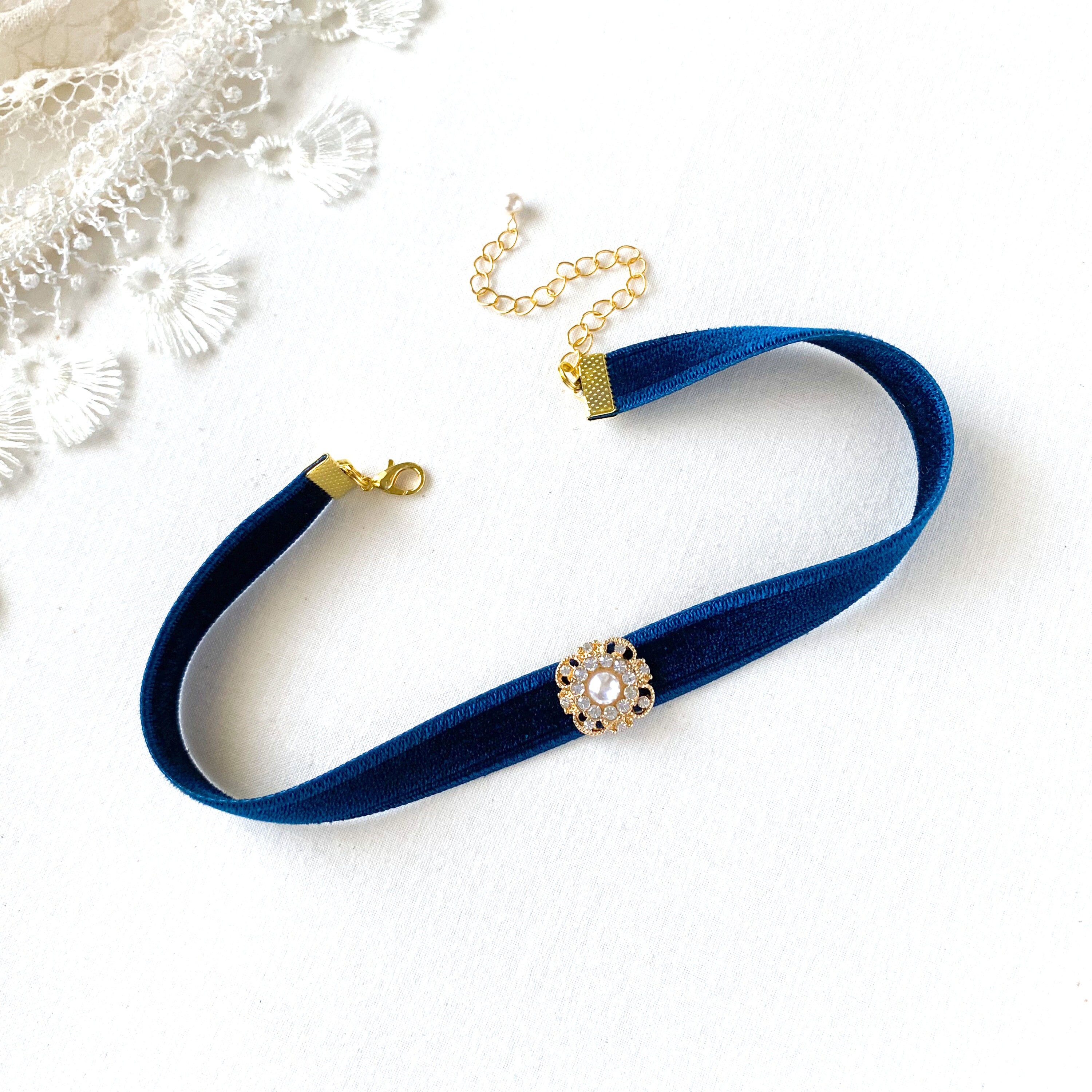 Blue Velvet Ribbon Choker Necklace With Pearl Rhinestone Jewel 