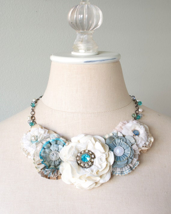 Floral Statement Necklace Beach Wedding Jewelry Aqua Blue Fabric
