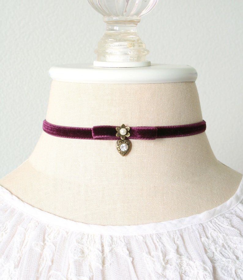 Purple Choker with Rhinestone Heart Charm Velvet Ribbon Necklace Girlfriend Gift Renaissance Fair Festival Boho Jewelry image 3