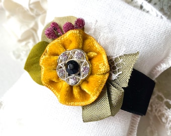 Velvet Ribbon Bracelet with Yellow Flower - Friend Gift for Women - Floral Cuff Bracelet - Wrist Corsage