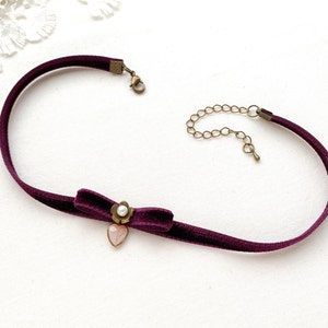 Choker with Heart Charm Velvet Ribbon Necklace with Bow Girlfriend Gift Burgundy Purple Choker Gift Daughter Teen Girl Boho Choker image 3
