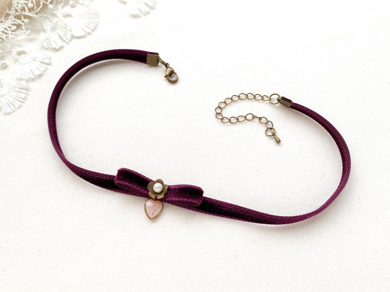 Choker with Heart Charm Velvet Ribbon Necklace with Bow Girlfriend Gift Burgundy Purple Choker Gift Daughter Teen Girl Boho Choker image 3