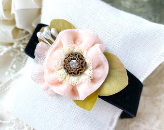 Black Velvet Corsage with Pink Flowers - Formal Jewelry - Soft Fabric Cuff Bracelet for Women - Floral Wrist Corsage - Wedding Bracelet