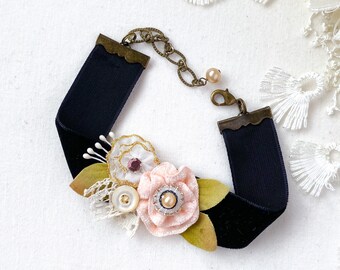 Black Velvet Bracelet with Pink Flowers - Floral Wrist Corsage - Unique Wedding Jewelry - Gift for Women and Girls