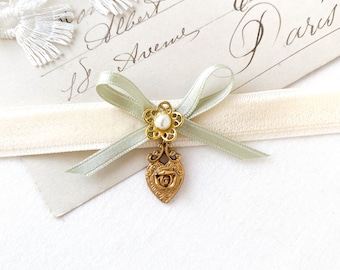 Velvet Ribbon Choker Necklace with Gold Rose Heart Pendant and Sage Green Silk Bow