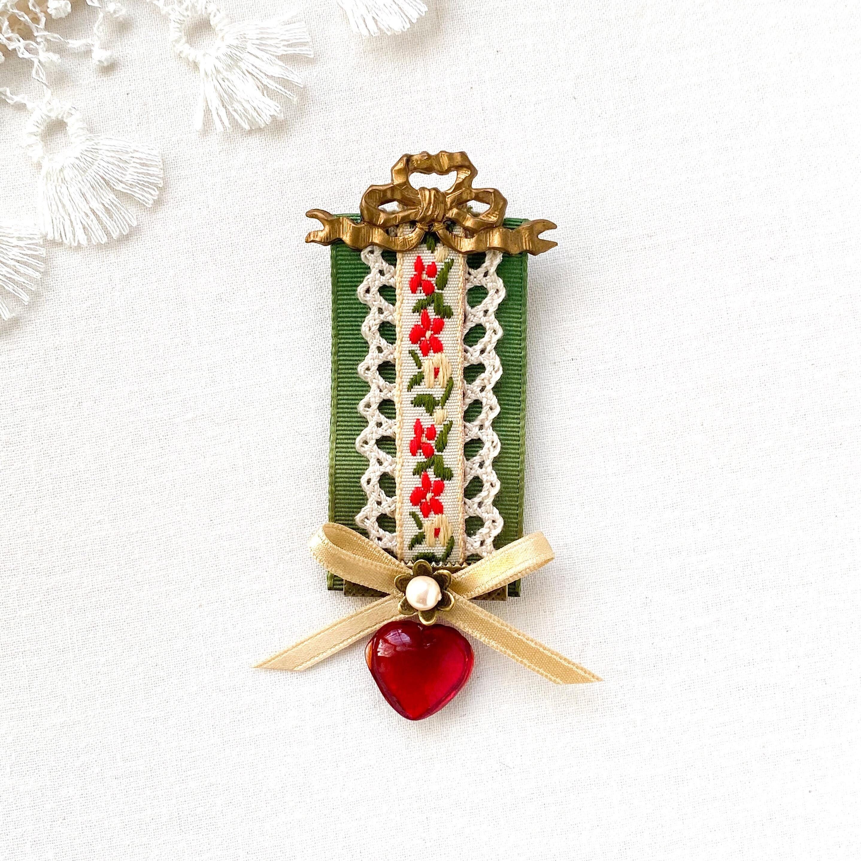 Floral Ribbon Bow Brooch with Red Glass Heart Charm