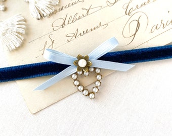 Bow Choker with Pearl Heart Charm - Blue Velvet Ribbon Necklace